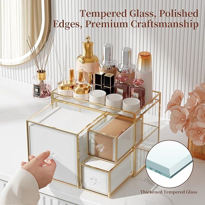 CoralHouse Multifunctional Face Towel Holder with 3 Drawers – Tempered Glass Cotton Pad & Swab Organizer – Disposable Face Towel Holder for Bathroom Vanity - ModernBath