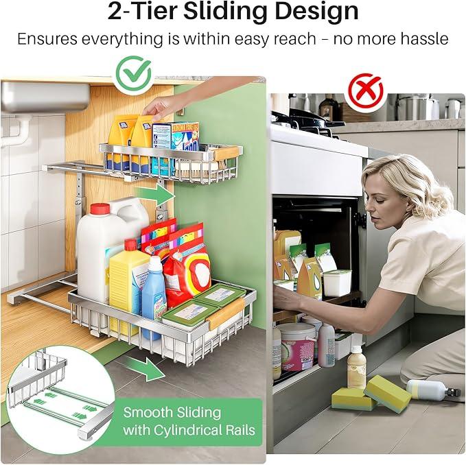 Under Sink Organizer, Stainless Steel 2 Packs 2 Tier Under Sink Organizers and Storage, Slide out Pull out Cabinet Shelf, Sliding Drawer for Kitchen Bathroom Pantry Cabinet Closet Organization Rack - ModernBath