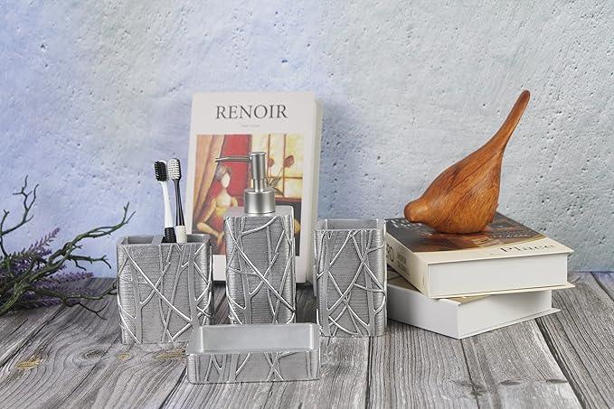 Hymmah Silver Bathroom Accessories Set,Toothbrush Holder,Farmhouse Bathroom Decor,4 Pcs Resin Gift Set Apartment Necessities, Contain Toothbrush Cup,Soap Dispenser,Soap Dish,Tumbler - ModernBath