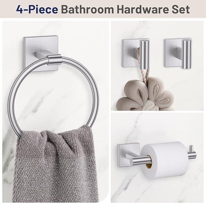Towel Ring Set 4 Piece Bathroom Hardware Set Includes Towel Ring 2 Towel Hooks and Toilet Paper Holder Stainless Steel Wall Mounted (Brushed Nickel) - ModernBath