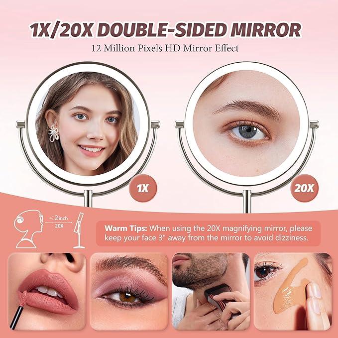 9" Lighted Makeup Mirror, 1X/20X Rechargeable Magnifying Mirror with 3 Color Dimmable Lights for Bedroom Tabletop, Base Charging and Switch, Women Gift - ModernBath