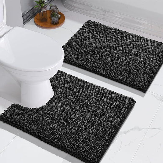Yimobra Bathroom Rug Mat, Luxury Chenille Shaggy Bath Rugs, Extra Soft & Thick, Absorbent Water, Non-Slip, Machine Washable, Bath Mats for Bath Floor,Tub and Shower 24x20 + 24x17, Black - ModernBath