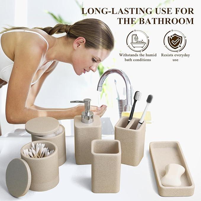YMXYJM Bathroom Accessories Set, 6 Piece Bathroom Set with Toothbrush Holders, Soap Dispenser, Vanity Tray, Tumbler, Cotton Swab Jars, Bathroom Organizer，Bathroom Sink Sets, Stone Beige - ModernBath