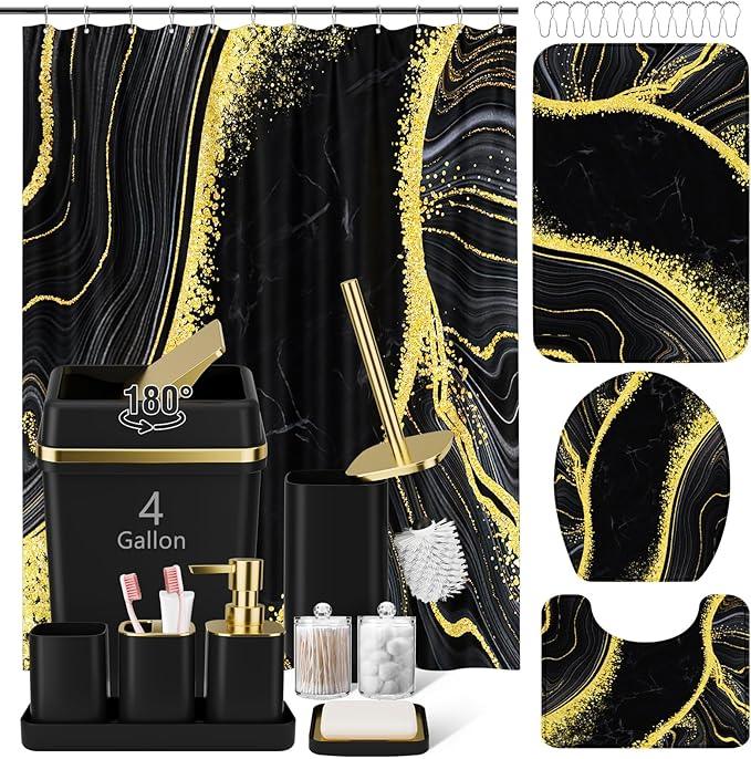 25PCS Bathroom Accessory Set, Black Bathroom Set with Large-Capacity 4 Gallon Trash Can,Bathroom Sets with Shower Curtain and Rugs, Bathroom Rugs Set, Home Decor - ModernBath