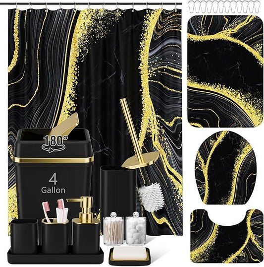 25PCS Bathroom Accessory Set, Black Bathroom Set with Large-Capacity 4 Gallon Trash Can,Bathroom Sets with Shower Curtain and Rugs, Bathroom Rugs Set, Home Decor - ModernBath
