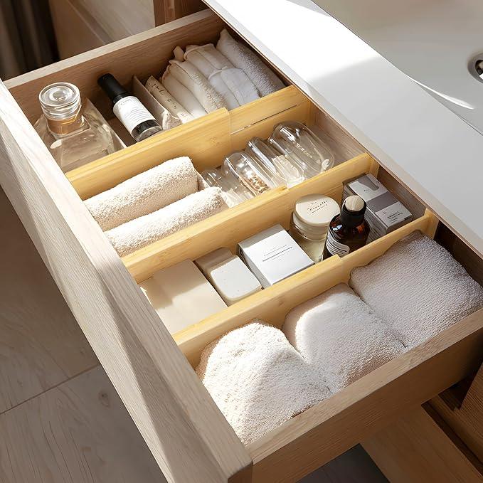 VaeFae 3 Pack Bamboo Drawer Dividers, 4" High Adjustable 16.6" - 21.8" Clothes Drawer Organizers, Expandable Separators for Bedroom/Bathroom/Kitchen/Office Storage - ModernBath
