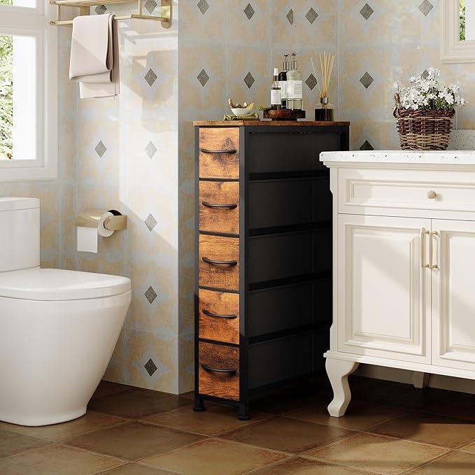 Narrow Dresser Storage Tower with 5 Drawers, Slim Dresser Chest of Drawers with Steel Frame, Wood Top, Dresser for Bedroom, Bathroom, Small Spaces, Laundry, Closet, Rustic Brown - ModernBath