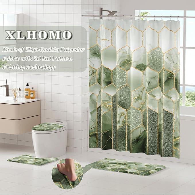 XLHOMO Bathroom Sets with Shower Curtain and Rugs - 4PC Sage Green Geometric Shower Curtain Set with 12 Hooks, Toilet Cover, U-Shaped Mat and Rugs Modern Abstract Bathroom Accessories for Bathroom - ModernBath