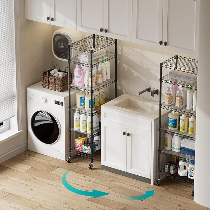 SINGAYE 6 Shelf Storage Wire Shelves Closet Bathroom Organizers Metal Pantry Kitchen Small Garage Shelving Unit Laundry Room Organization Home Narrow Rack Net Basket with Wheels Black - ModernBath