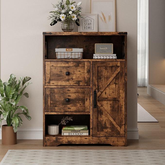 Fameill Farmhouse Storage Cabinet with 2 Drawers & Shelves,Freestanding Kitchen Cabinet with Doors,Floor Storage Organization for Living Room,Bathroom,Laundry,Brown - ModernBath