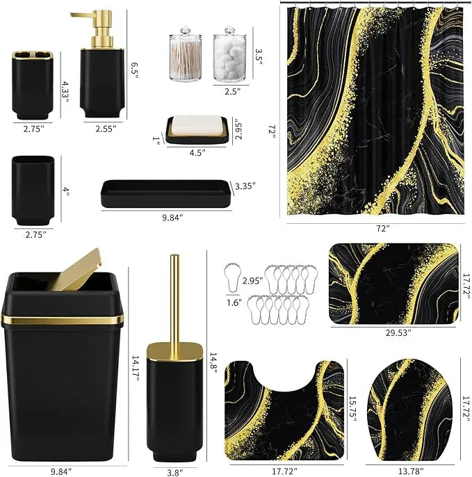 25PCS Bathroom Accessory Set, Black Bathroom Set with Large-Capacity 4 Gallon Trash Can,Bathroom Sets with Shower Curtain and Rugs, Bathroom Rugs Set, Home Decor - ModernBath