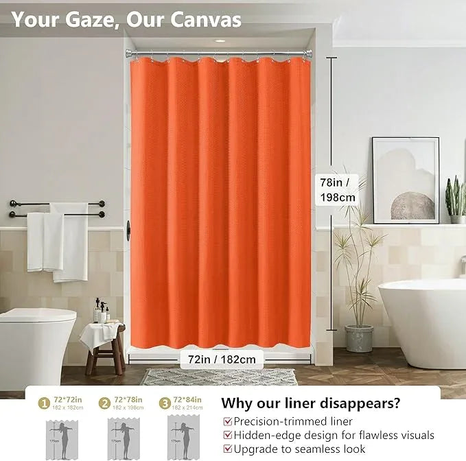 Luxury 3 in 1 Shower Curtain Set 3D Textured Waffle Weave Bathroom Curtain with Waterproof SGS Certified Fabric Liner & 12 Anti-Fall Stainless Steel Hooks, Machine Washable 72"x78" (Orange) - ModernBath