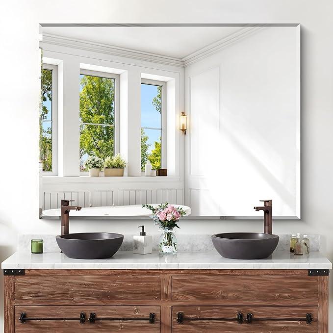 KOCUUY Beveled Mirror, 48x36 Inch Large Frameless Bathroom Mirror for Over Sink, Upgraded Shatterproof Beveled Unframed Design Mirror for Bathroom, Bedroom, Hang Horizontal/Vertical - ModernBath