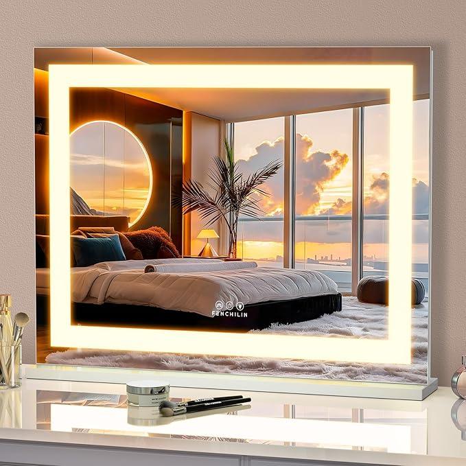 FENCHILIN Vanity Mirror with Lights, 23" x 18" RGB Backlit + Front Lit Hollywood Makeup Vanity Mirror LED Strip with 3 Colors Modes Smart Touch for Dressing Room & Bedroom White - ModernBath