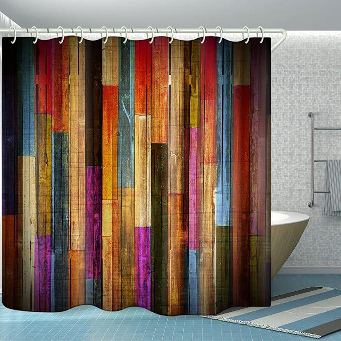LYFANS Shower Curtains Waterproof Polyester Fabric,Large Width Bright Partition Curtain with Color Striped Planks Print,Shower Curtain Liner for Bathtub Bathroom with 12 White Hooks (72 x72 inches) - ModernBath