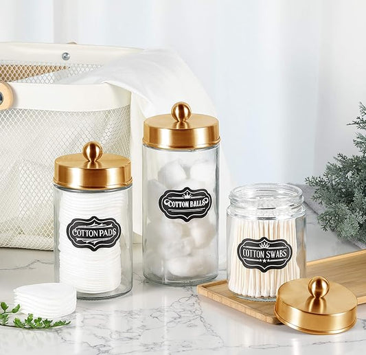 Apothecary Jars 3 Pack - Glass Bathroom Containers with Stainless Steel Lids - Rustic Farmhouse Decor Bathroom Accessories, Vanity Organizer Apothecary Jars for Qtip/Cotton Balls (Gold)
