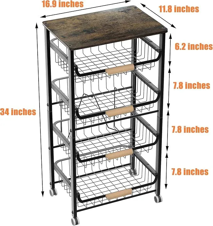 5-Layer Fruit Basket Kitchen Food Organizer and Rack, Stackable Storage Cart with Desktop, Pull-Out Hollow Metal Basket, Wheeled Sorting Rack Spice Rack, Black - ModernBath