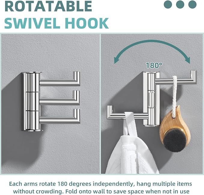 APLusee Polished Chrome Swivel Towel Hook for Bathroom, Heavy Duty 304 Stainless Steel Bathroom Wall Hook with Multi 3 Arms, Wall Mounted Towel Hanger for Kitchen Garage - ModernBath