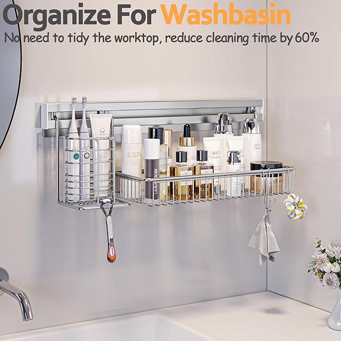 MINGLING Stainless Steel Shower Caddy, 41 cm Wall Back Crossbar Rustproof Shelves with 2 Long Tail Hook Clip, Large Capacity Bathroom Organizers and Storage - ModernBath