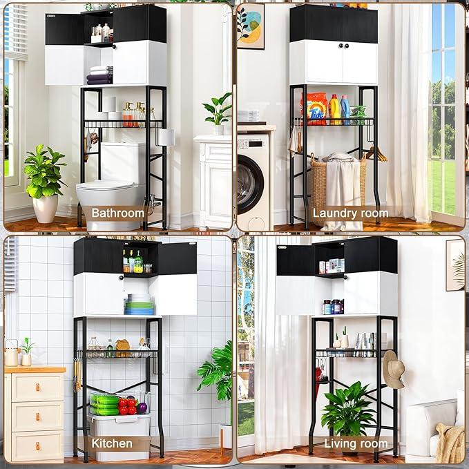 Over the Toilet Storage Cabinet - Freestanding Bathroom Organizer Shelf with Doors, Black & White Over the Toilet Shelves that Separates Wet and Dry Areas, Privacy Protection Above Toilet Storage Rack - ModernBath