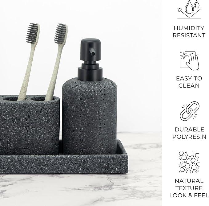 ZCCZ - Black Bathroom Accessories Set 4 Pcs - Toothbrush Holder, Soap Dispenser, Vanity Tray, Bathroom Tumbler - Countertop Vanity Organizer - Bathroom Accessory Set- Toothbrush Holder Set, Stone Sets - ModernBath