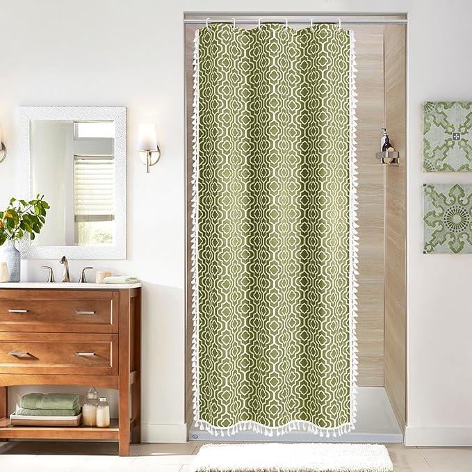 MitoVilla Green Boho Farmhouse Small Stall Shower Curtain Set 36 x 72, Half Size Narrow Geometric Cotton Fabric Shower Curtains for Bohemia Rustic Bathroom Decor - ModernBath