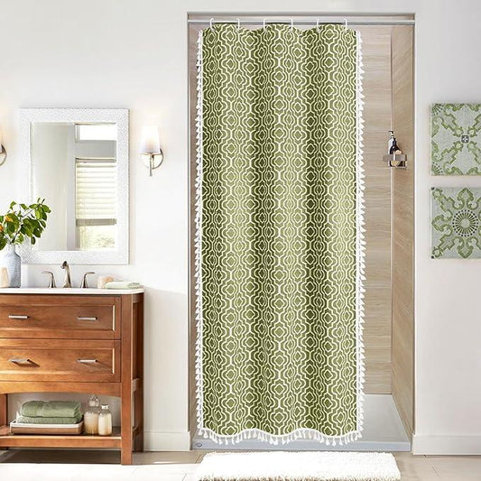 MitoVilla Green Boho Farmhouse Small Stall Shower Curtain Set 36 x 72, Half Size Narrow Geometric Cotton Fabric Shower Curtains for Bohemia Rustic Bathroom Decor - ModernBath