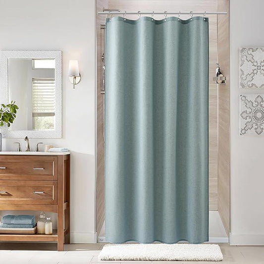 Naturoom Light Blue 48 Inch Shower Curtain - Stall Narrow Half Linen Ultra Thick Fabric Shower Curtain Set with Hooks, Boho Farmhouse Rustic RV Camper Bath Curtains for Bathroom, 48x72 - ModernBath
