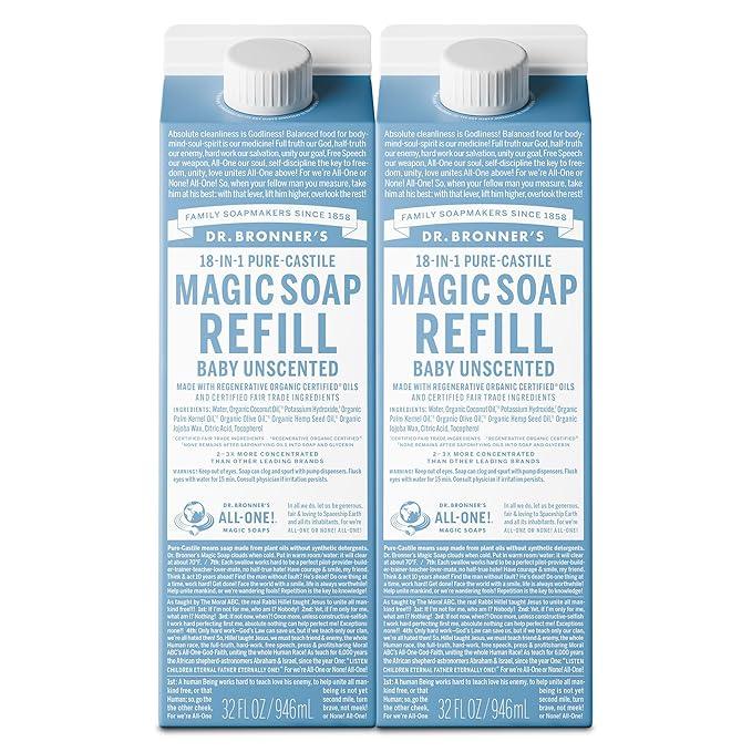 Dr. Bronner's Magic Soap-Pure-Castile Liquid Refill (Baby Unscented, 32 ounce, 2-Pack) - Made with Regenerative Organic Certified Oils, For Body, Hair, Laundry, Pets & Dishes, Concentrated, Vegan - ModernBath