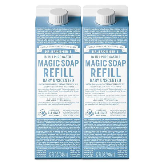 Dr. Bronner's Magic Soap-Pure-Castile Liquid Refill (Baby Unscented, 32 ounce, 2-Pack) - Made with Regenerative Organic Certified Oils, For Body, Hair, Laundry, Pets & Dishes, Concentrated, Vegan - ModernBath