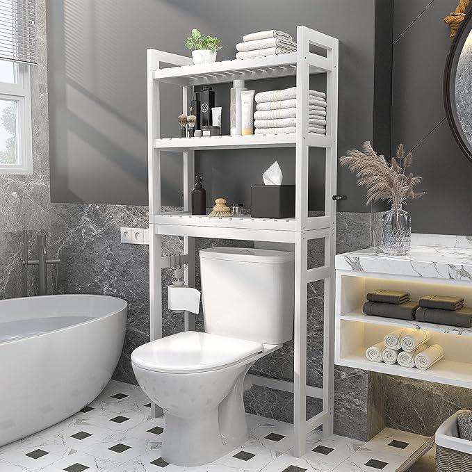 Homykic Over The Toilet Storage, Bamboo Over Toilet Bathroom Organizer Rack, Freestanding Bathroom Shelves Above Toilet Storage with 3 Hooks, Bathroom Space Saver, No Rust, Easy to Assemble, White - ModernBath