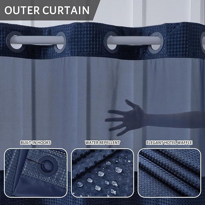 Furlinic Waffle Weave No Hook Shower Curtain with Snap in Fabric Liner Set,Heavy Duty Textured Bathroom Curtain with See Through Window,Waterproof & Machine Washable,Navy Blue,71x72 Inch - ModernBath