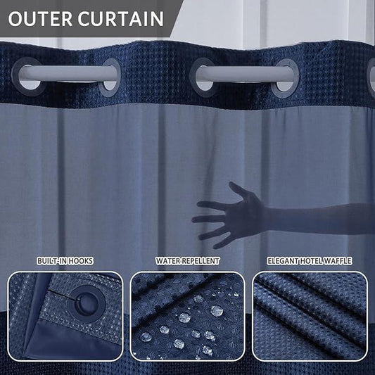 Furlinic Waffle Weave No Hook Shower Curtain with Snap in Fabric Liner Set,Heavy Duty Textured Bathroom Curtain with See Through Window,Waterproof & Machine Washable,Navy Blue,71x72 Inch - ModernBath