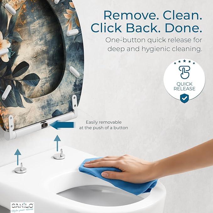 Sanilo Wooden Toilet Seat with Quick Release & Soft Close [ELONGATED] - Decorative & Slow Close Molded Wood Seat - With One Click for Easy Installation & Cleaning - With Adjustable Fit (Lilybud) - ModernBath