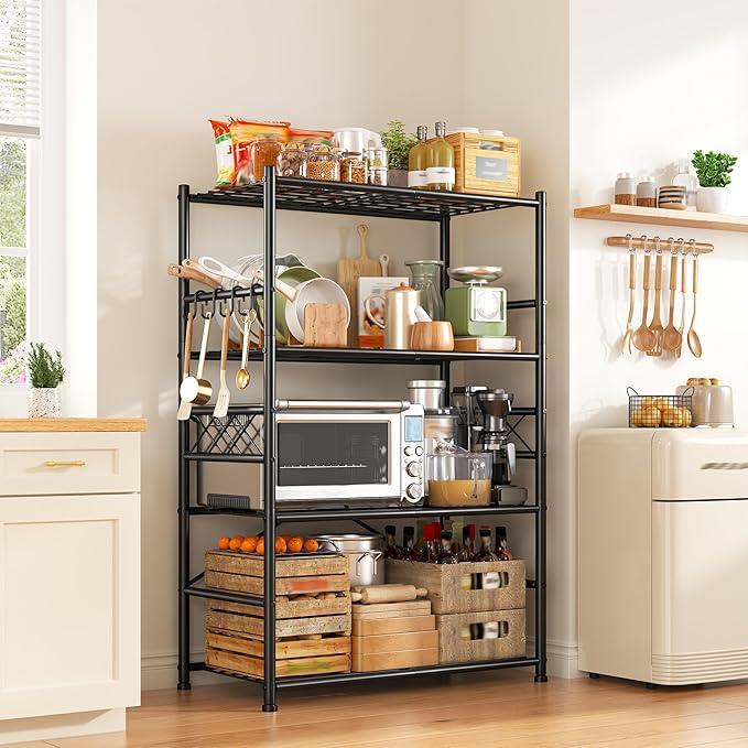 Storage Shelves 4-Tier Large Capacity Metal Shelving with Hooks, Heavy Duty Garage Shelving Unit with Leveling Feet, Stable Metal Shelves for Pantry, Kitchen and Closet,36" W x 12" D x 60" H, Black - ModernBath