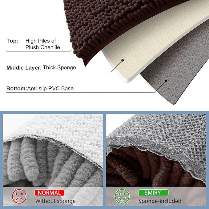 Smiry Luxury Chenille Bathroom Rugs 44x24, Extra Soft and Absorbent Shaggy Bath Mat, Machine Washable, Non-Slip Plush Carpet Runner for Tub, Shower, and Floor, Home Decor Accessories, Brown - ModernBath