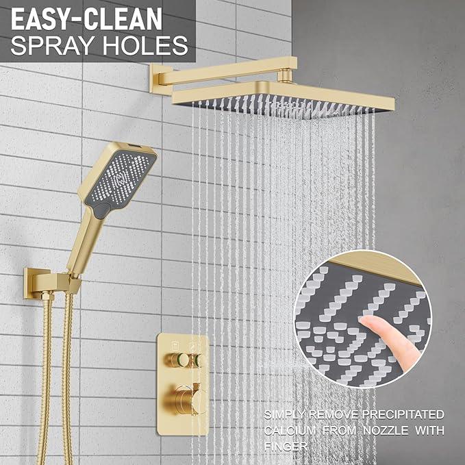 Thermostatic Shower System 13-Inch Rainfall Shower Head - 3 Setting Handheld Sprayer, Complete Bathroom Set with Faucet Mixer Trim Kit & Valve Brushed Gold - ModernBath