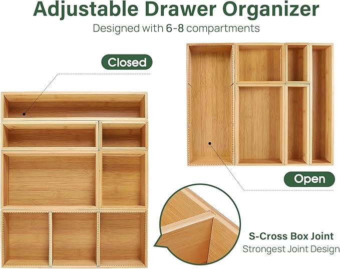 Kootek Bamboo Drawer Organizer with Removable Dividers, 6 Pcs Adjustable Kitchen Drawer Organizer Utensils Bamboo Organizers Silverware Storage Box Cutlery Tray Multi-Use for Bathroom, Makeup, Office - ModernBath