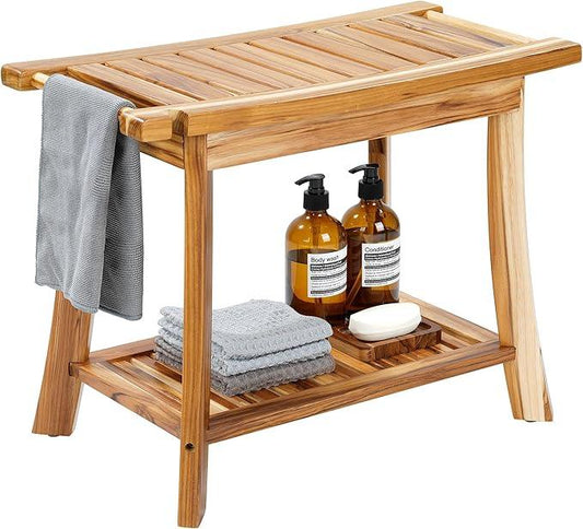 24" Solid Teak Shower Bench with Towel Bar & Storage Shelf - Waterproof Bath Stool with Fixed Non-Slip Feet, 300lbs Capacity, Natural - ModernBath