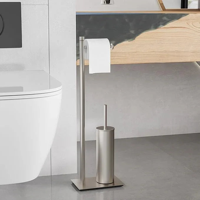 RUACQ Toilet Paper Holder Stand with Toilet Brush and Holder Set, 304 Stainless Steel Bathroom Toilet Tissue Paper Roll Holder Free Standing, Weighted Base, Heavy Duty (Brushed Nickel) - ModernBath