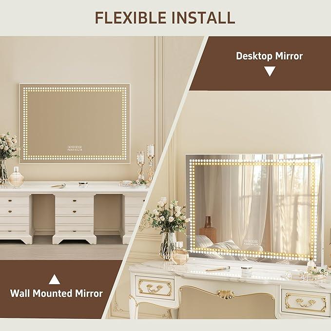 FENCHILIN Vanity Mirror with Lights and Bluetooth Speaker 31.5"x 22.8" Makeup Mirror Lighted Hollywood Mirror with LED Light Beads USB Charge Port, 3 Color Lighting Modes - ModernBath
