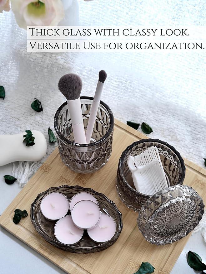 LaMarriti Gray Bathroom Accessories Set, 5Pcs Clear Glass Bathroom Sets, Soap Dispenser, Soap Dish, Toothbrush Holder Set, Cotton Swab Jar, Black and Gold Accent for Vintage Bathroom Decor, Gift Set - ModernBath