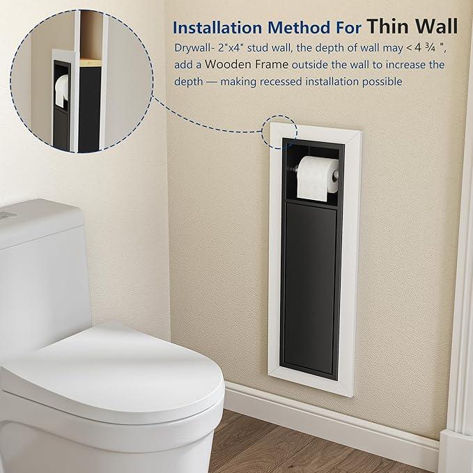 Neodrain Black Recessed Toilet Paper Holder in Wall Tissue Holder, 304 Stainless Steel Tissue Paper Holder with Dispense and Storage for Bathroom(Matte Black) - ModernBath