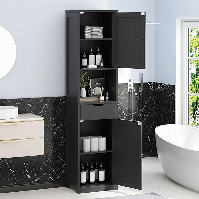 Vongrasig Tall Bathroom Storage Cabine, 64”H Freestanding Storage Pantry Cabinet, Narrow Cabinet with Adjustable Shelves, Open compartments for Small Spaces, Bathroom, Living Room, Kitchen, Black - ModernBath