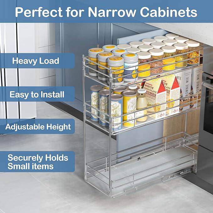 ROOMTEC Pull Out Spice Rack for Narrow Cabinet (7" W X 20½" D),3 Tier Heavy Duty Sliding Spice Cabinet Organization Shelf Racks, Pull Out Shelves Under Cabinet Storage for Kitchen - ModernBath