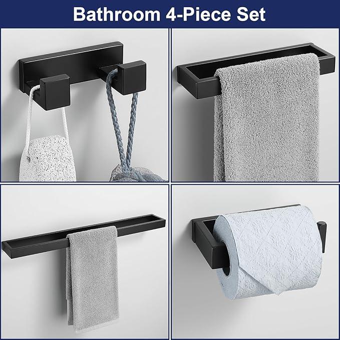 Lairuier 4-Piece Bath Towel Bar Set, Matte Black Bathroom Hardware Set Including Towel Bar,Towel Holder, Toilet Paper Holder, Towel Hook,Stainless Steel Bathroom Hardware Accessories Set - ModernBath