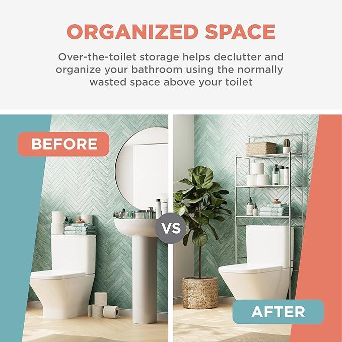 Zenna Home Over the Toilet Storage Shelf Space Saver, Behind Toilet Bathroom Organizer and Storage, Metal Bathroom Organizer with 3 Shelves, Satin Nickel - ModernBath