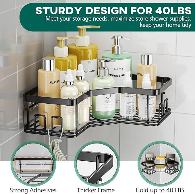 MAXIFFE 5 Pack X-Large Corner Shower Caddy, with Soap Holder and Toothbrush Holder, Large Capacity No Drilling Stainless Steel Hold 40 LB Shower Organizer Shelf Rack for Family Renter Bathroom, Black - ModernBath