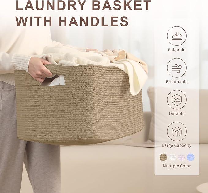 72L Large Wicker Laundry Basket for Living Room Storage,Boho Woven Cotton Rope Baskets for Kids Toy,Gifts,Square Blanket Hamper for Bedroom Dirty Clothes,Jute - ModernBath