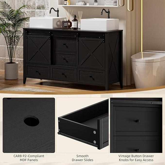VNN Bathroom Vanity with Sink - 60 Inch Bathroom Vanity Double Sink Ceramic, Freestanding Cabinet with 2 Farmhouse Sliding Barn Doors and 5 Drawers, Space-Saving Storage Cabinet, Black Wood Grain - ModernBath